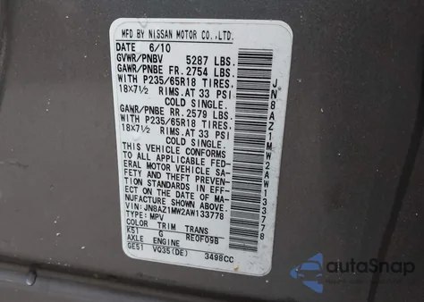 2010 Nissan Murano Sl z USA, uszkodzony, nr VIN JN8AZ1MW2AW133778